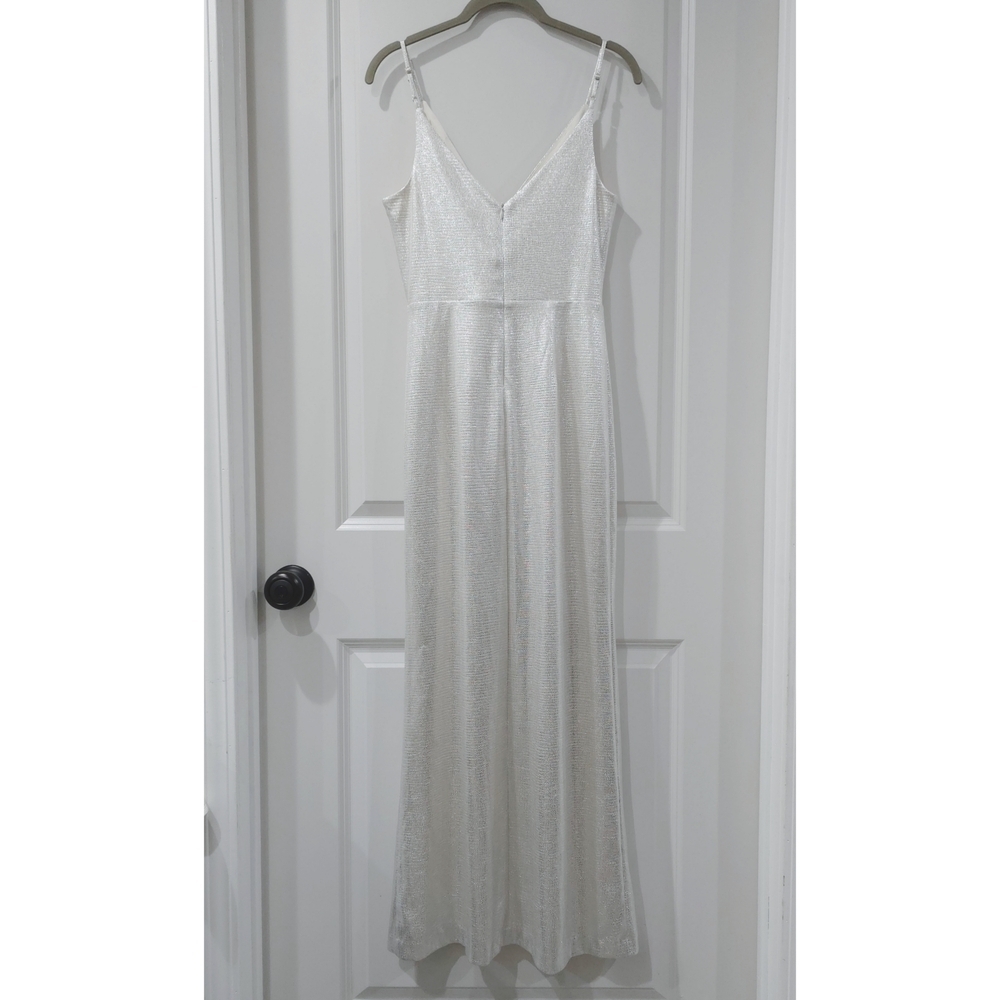 ELIZA J Ivory Shimmer Draped Maxi Dress with Ruffle Slit – Glam Occasion 6P - Picture 6 of 14